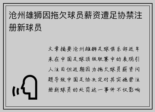 沧州雄狮因拖欠球员薪资遭足协禁注册新球员 沧州雄狮因拖欠球员薪资遭足协禁注册新球员
