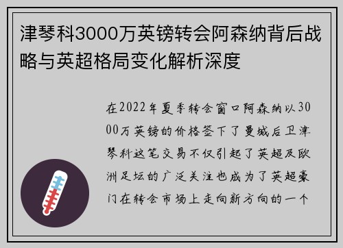 津琴科3000万英镑转会阿森纳背后战略与英超格局变化解析深度